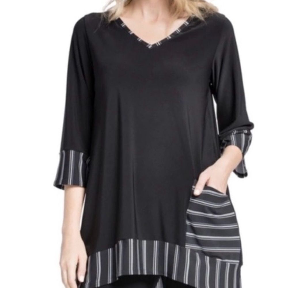 Sympli Match Stripe Tunic Size 8 Lagenlook Black W/ White 3/4 Sleeves